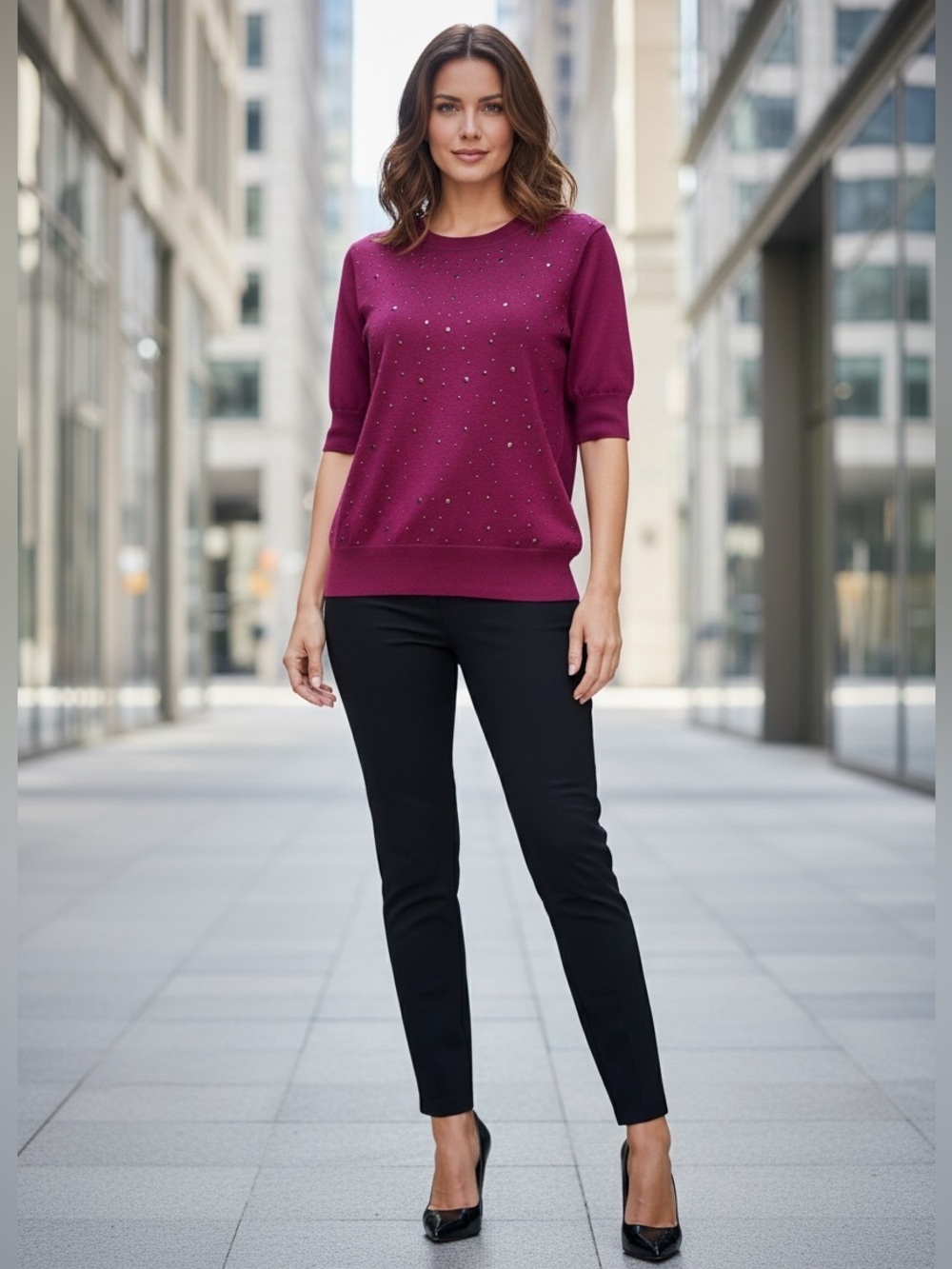 NEW, Nanette Lepore, Embellished Knit Top Burgundy Studded Short Sleeve, Medium